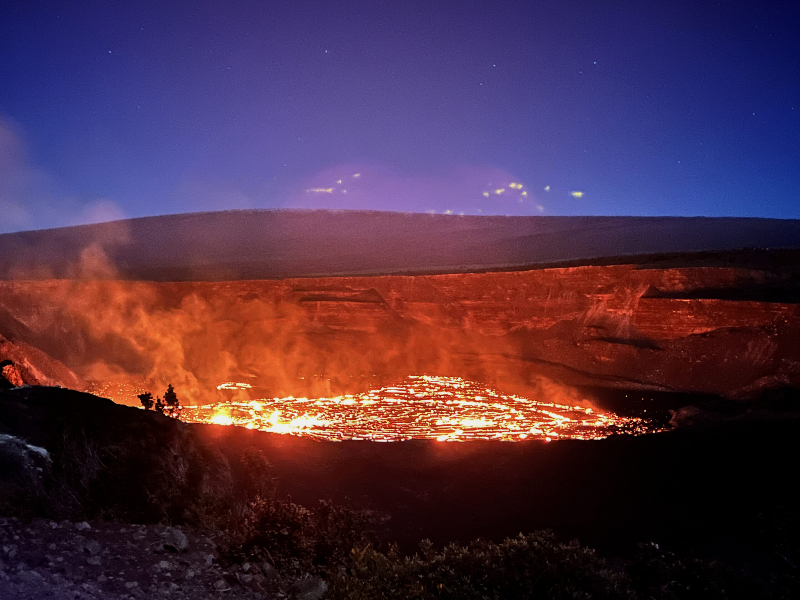 Close up view of lava lake and lava fountain in a crater of a volcano