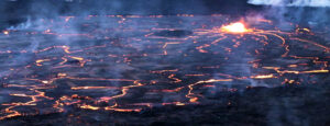 Close up view of lava lake and lava fountain in a crater of a volcano