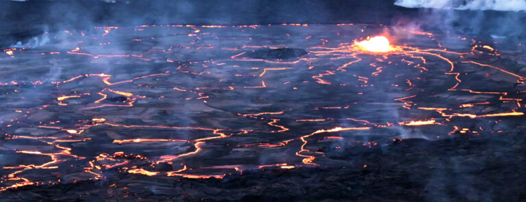 Close up view of lava lake and lava fountain in a crater of a volcano